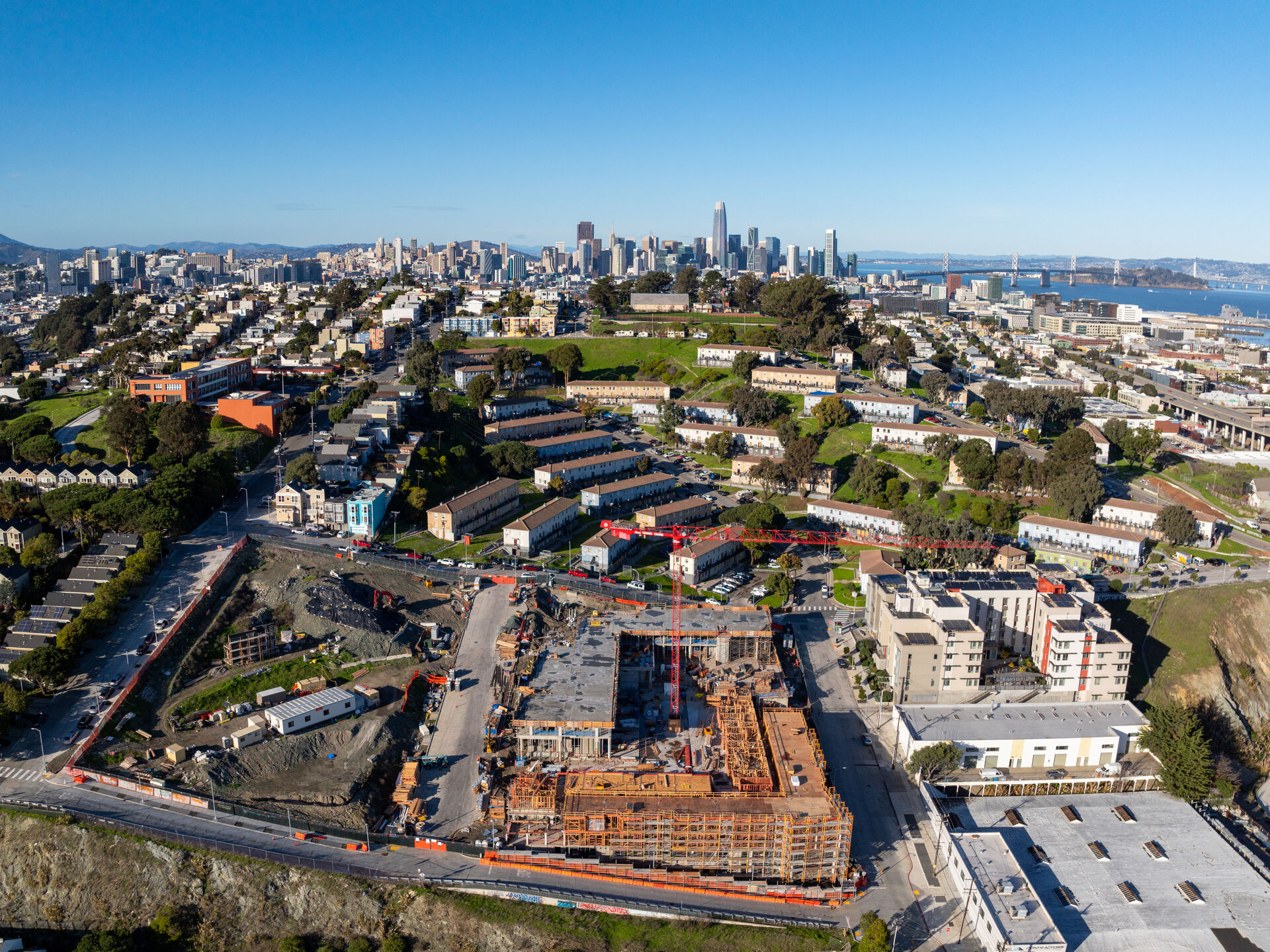Aerial view of a hillside residential neighborhood